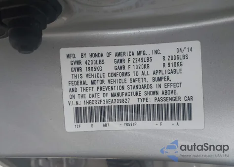 2014 Honda Accord Lx from USA, damaged, VIN 1HGCR2F36EA209827